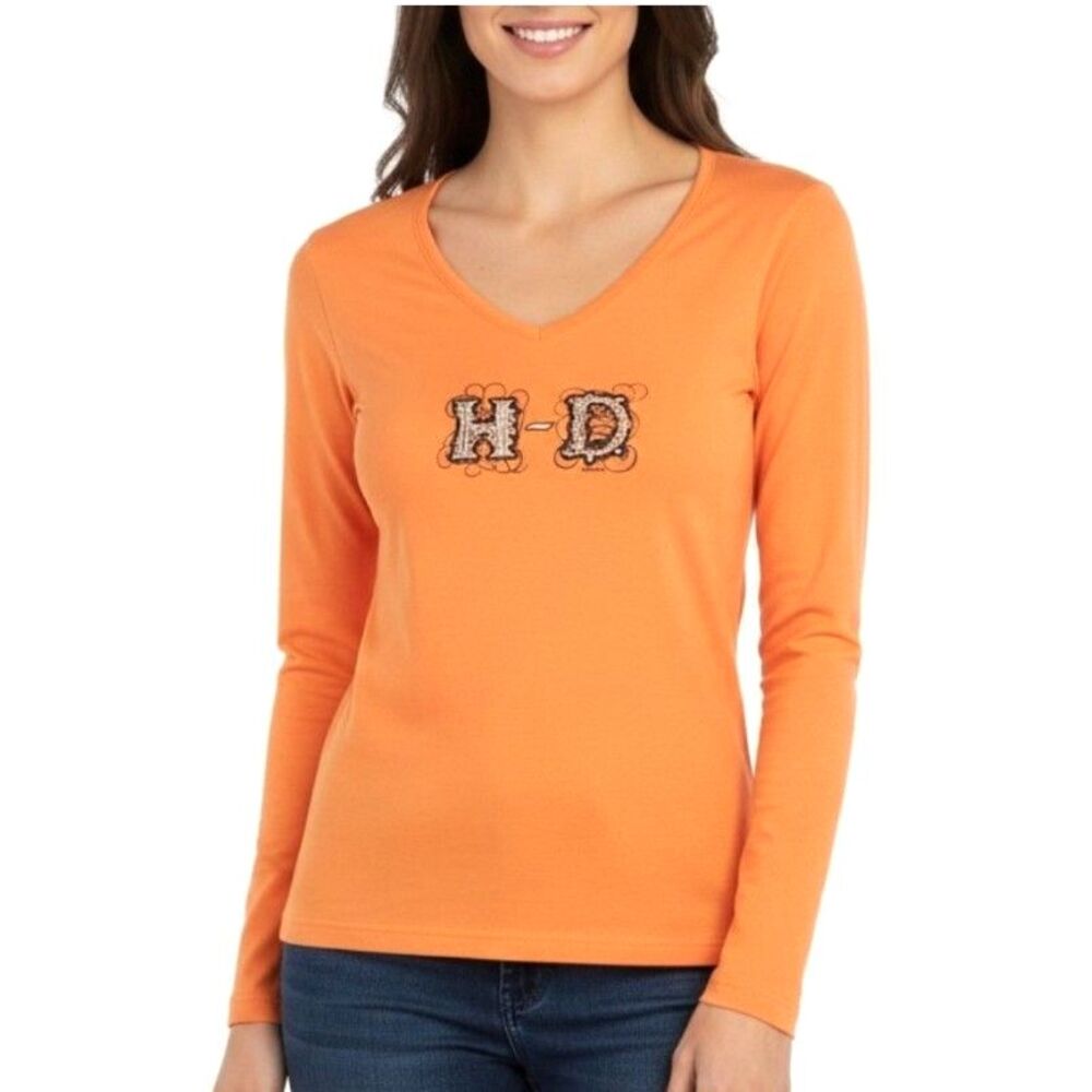HARLEY DAVIDSON Shirt Long Sleeves V-Neck Orange/Black Moto USA Women Medium